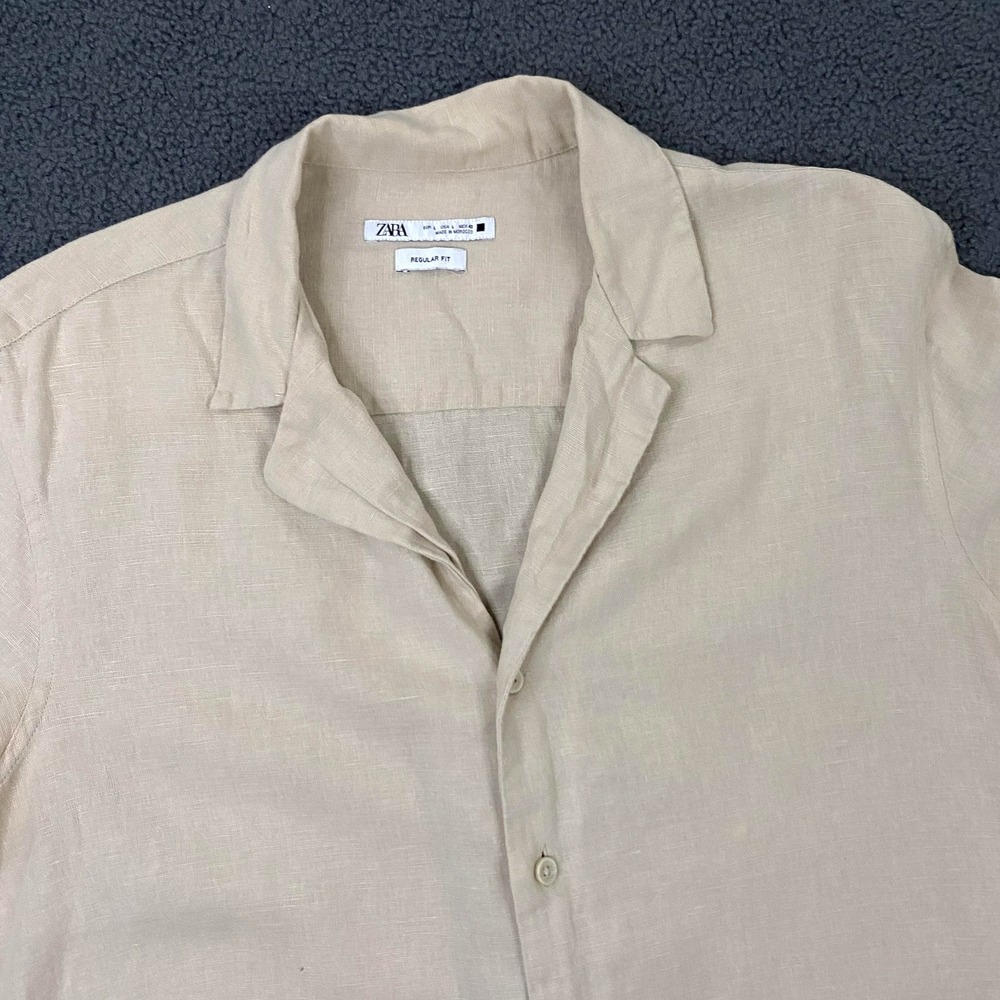 Zara Shirt Mens Large Beige Linen Short Sleeve Camp Collar Resort Vacation